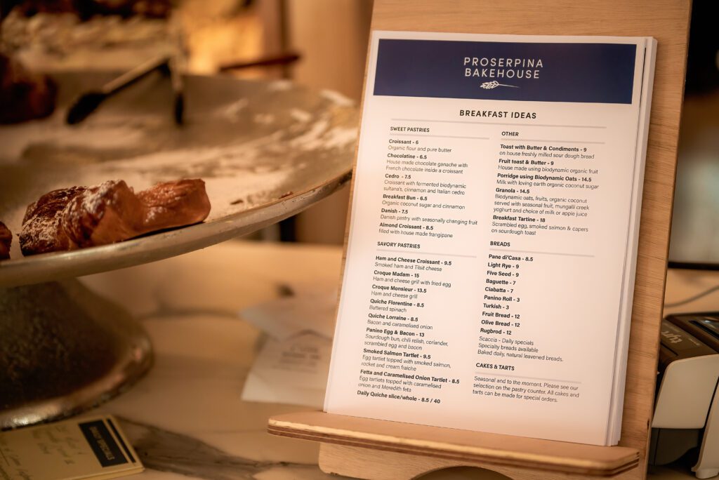 Breakfast menu at Proserpina Bakehouse