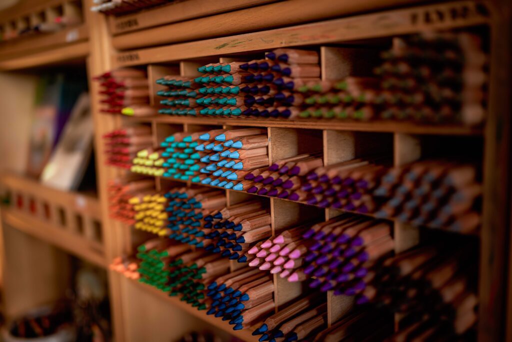 Lyra coloured pencils on display at Epoche Steiner toy store in Kallista