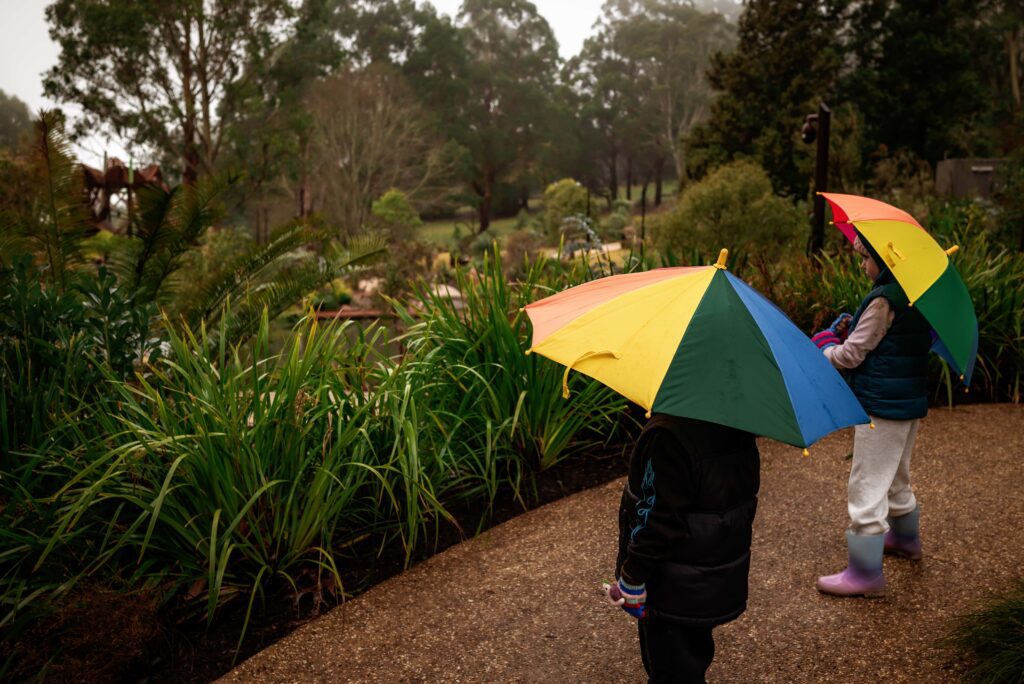 Children holding rainbow umbrellas exploring the new Chelsea Australian Garden 