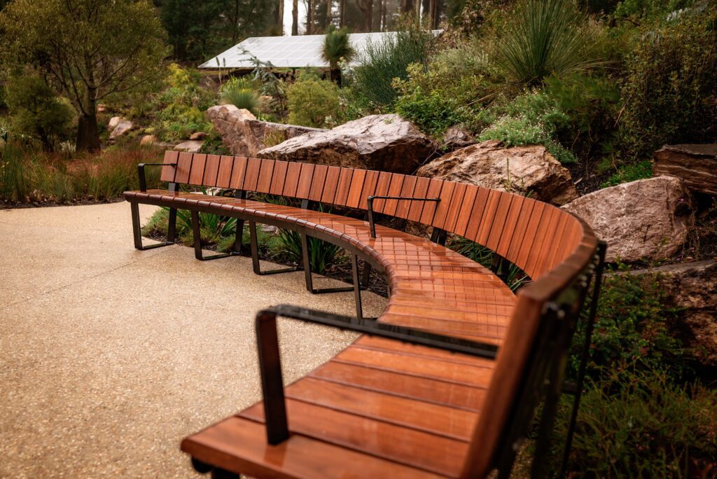 Seating amongst the rocks and plantings of the Chelsea Australian Garden
